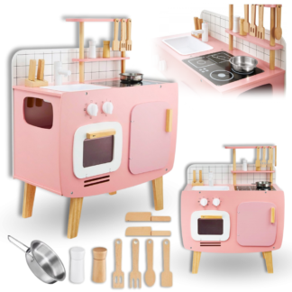 KUCHNIA KUCHENKA DREWNIANA RETRO RÓŻOWA ZABAWKA MONTESSORI AKCESORIA