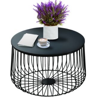 STOLIK KAWOWY OKRĄGŁY ŁAWA LOFT KOSZ CZARNY METAL